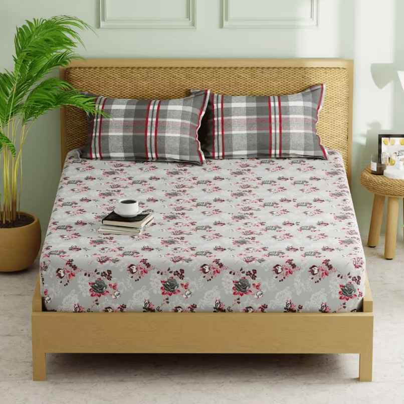 Kopa Extra Smooth Micro Double Bedsheet With 2 Pillow Covers | Set of 3 | Lorenzo Floral - Grey Red Kopa Extra Smooth Micro Double Bedsheet With 2 Pillow Covers | Set of 3 | Lorenzo Floral - Grey Red