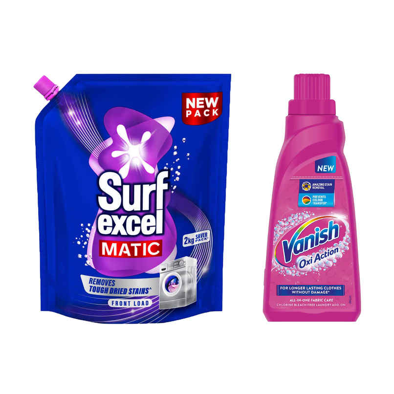 Surf Excel Matic Front Load Detergent Liquid Refill | Tough Dried Stain Removal (1g) & Vanish Liquid Stain Remover & Detergent Booster For Clothes (1g) Combo
