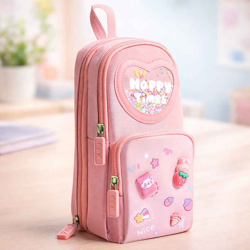 Toyshine 3 Layer Large Capacity Handheld Multifunctional Pencil Pouch for School Kids - Pink