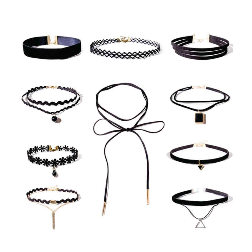 Shining Diva Fashion Set of 10 Stylish Black Fabric Lace Choker Necklace for Women and Girls Cmb272 Shining Diva Fashion Set of 10 Stylish Black Fabric Lace Choker Necklace for Women and Girls Cmb272