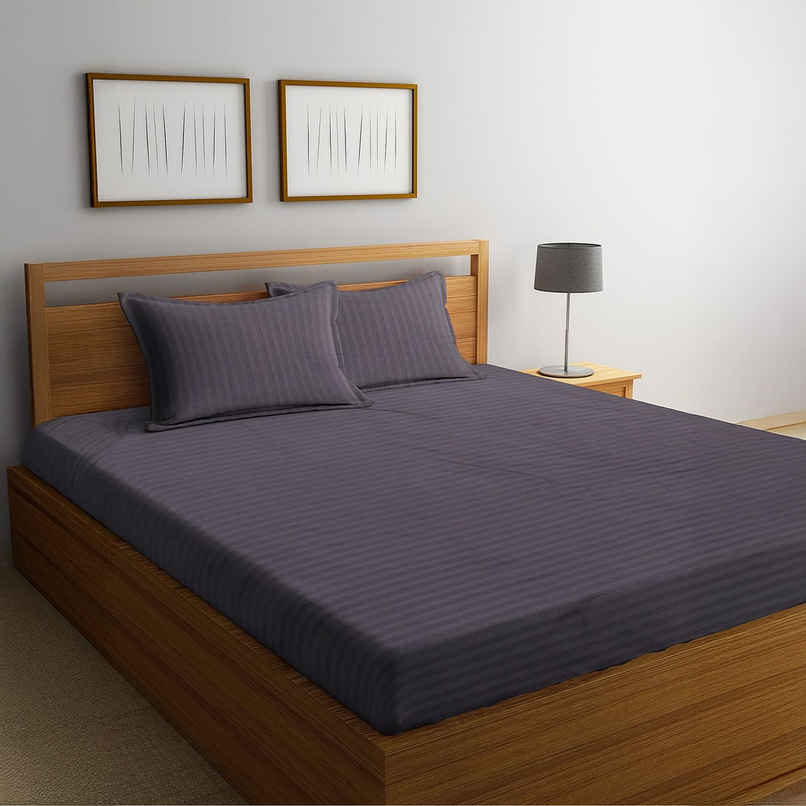 Hosta Homes Striped 300 Tc Satin Cotton King Size Bed Sheet, 2 Pillow Covers | Grey | 108 x 100 in