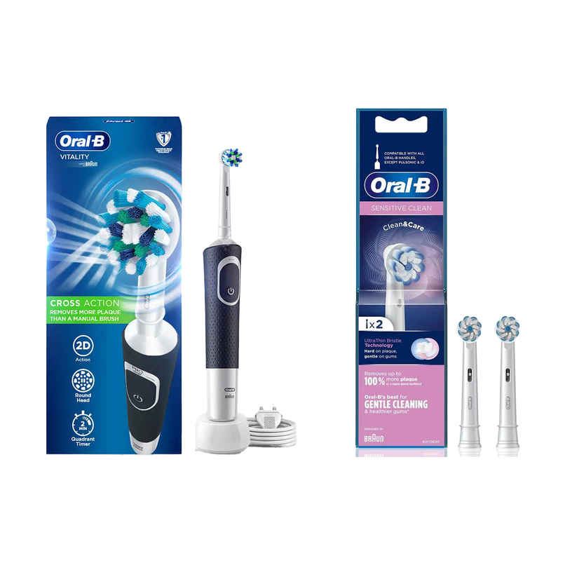 Oral-B Vitality Cross Action Electric Rechargeable Toothbrush, Powered By Braun (Black (1pc) & Oral-B Sensitive Clean Electric Toothbrush Soft Brush Heads (1pc) Combo  