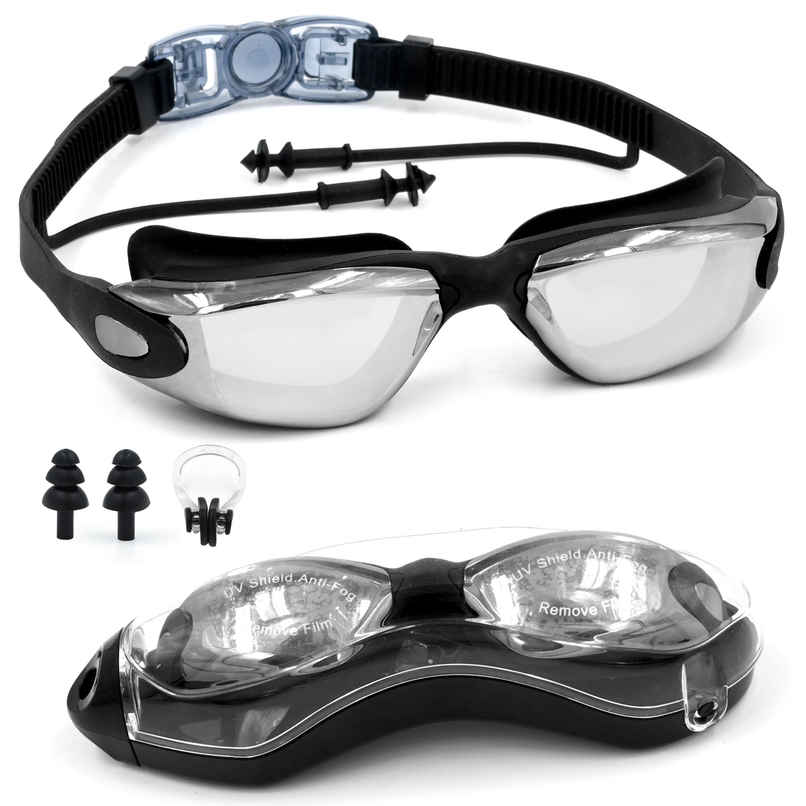 Slovic Premium Swimming Goggles with UV Protection, Ear Plugs & Push Button Adjust