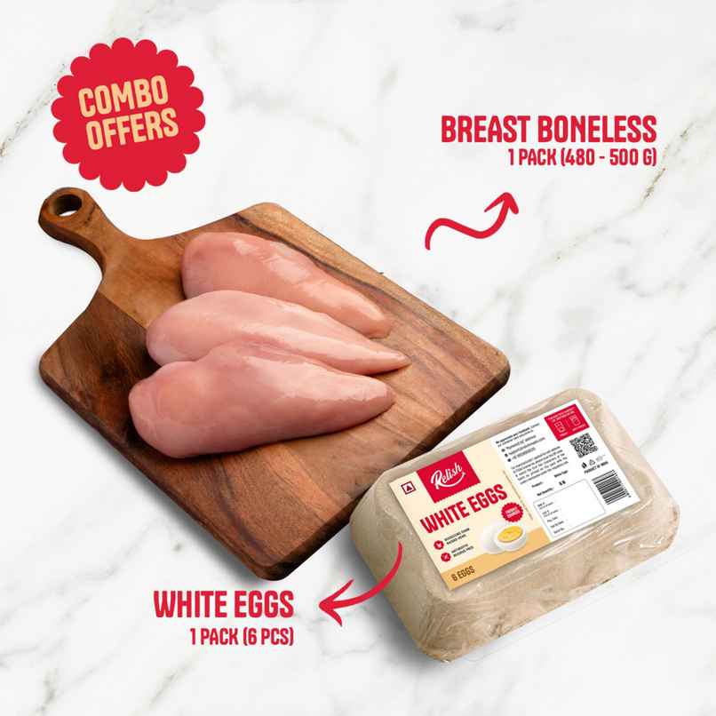 Relish Chicken Breast Boneless (500g) & Relish White Eggs - Pack Of 6 (6pc) Combo Relish Chicken Breast Boneless (500g) & Relish White Eggs - Pack Of 6 (6pc) Combo