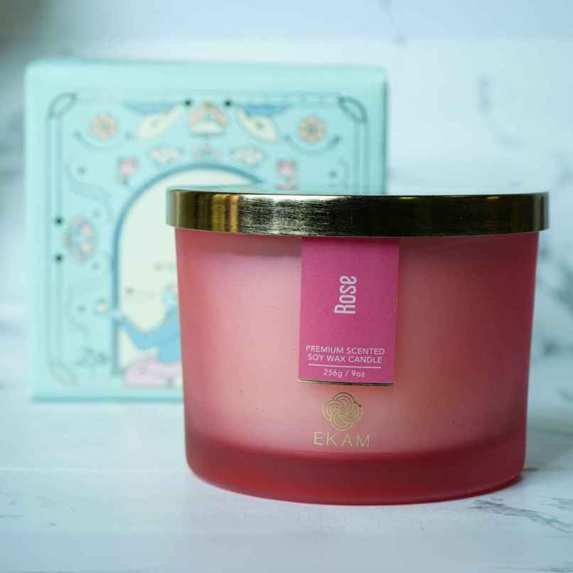 Ekam Rose Scented 3 Wick Soy Candle Ekam Rose Scented 3 Wick Soy Candle