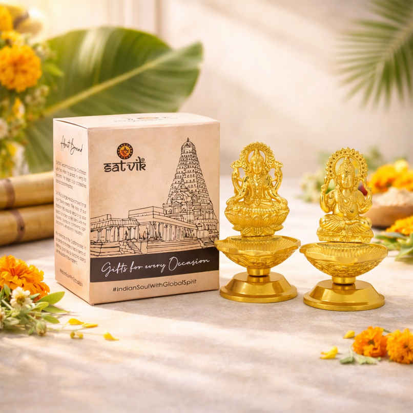 Metal Lakshmi Ganpati Diya | Gold | Traditional | Diya-Pooja | Satvik