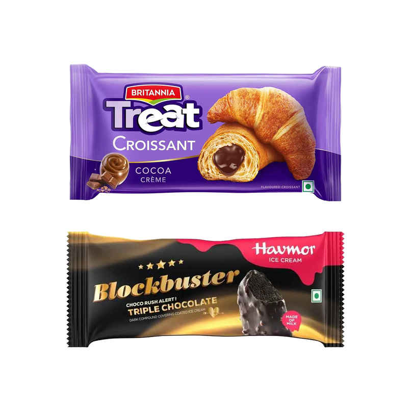 Britannia Treat Croissant | With Cocoa Creme Filling Veg (45g) & Havmor Blockbuster Triple Chocolate (80ml) Combo