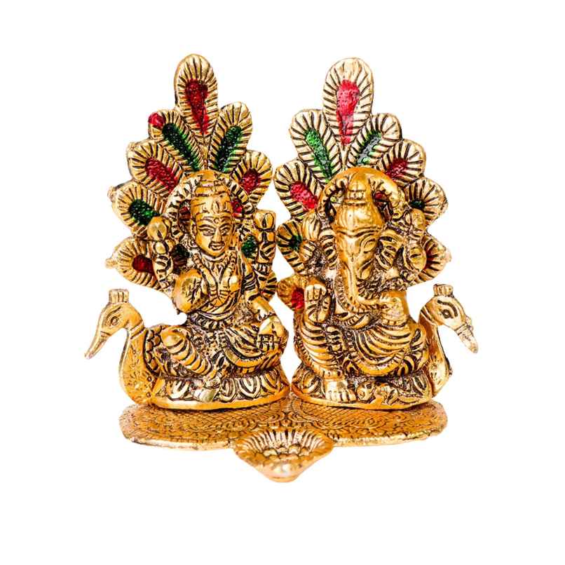 Diya Laxmi Ganesh With Meenakari Stonework | Golden | Metal | Diya-Pooja | Devnidhi