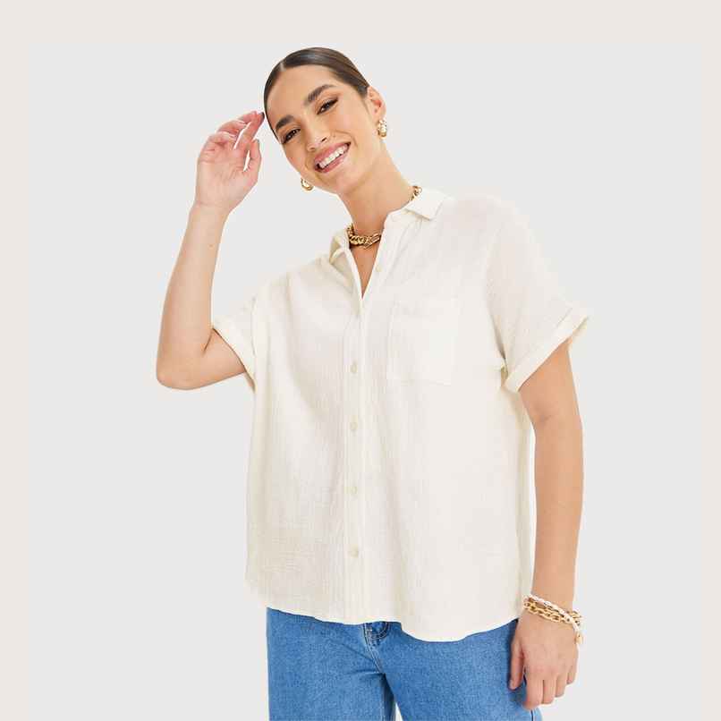 Styli Women's Regular Fit Shirt with Extended Shoulder | Off White - S