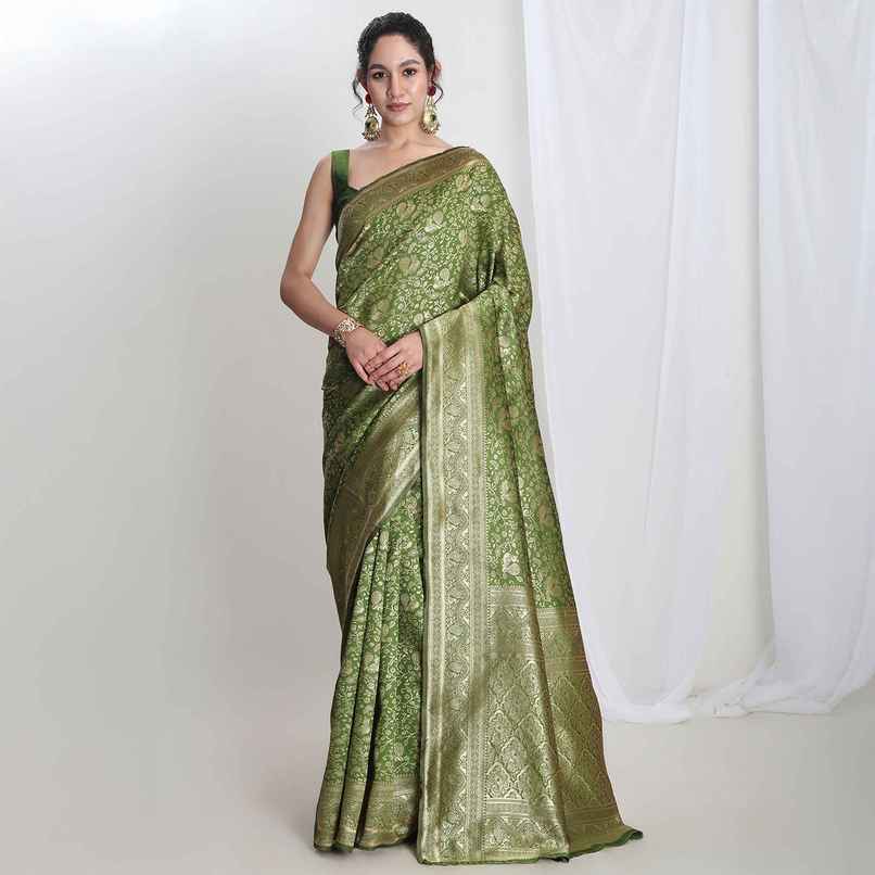 Janasya Women's Silk Blend Floral Woven Design Jacquard Saree with Blouse Piece | SAR656 | Green