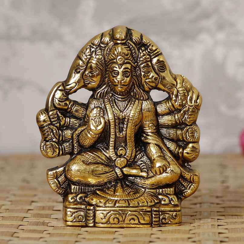 eCraftIndia Golden Metal Handcrafted Lord Panchmukhi Hanuman Statue