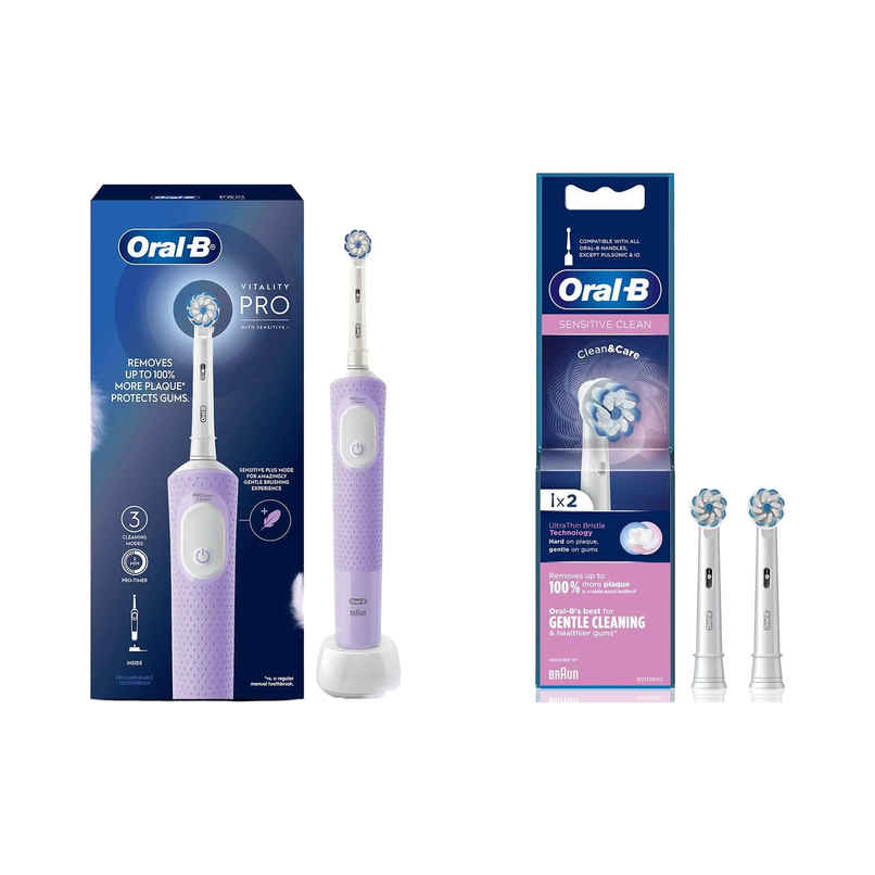 Oral B Vitality Pro With Sensitive Plus Rotating Electric Toothbrush 3 Brushing Modes Protimer (1pc) & Oral-B Sensitive Clean Electric Toothbrush Soft Brush Heads (1pc) Combo  