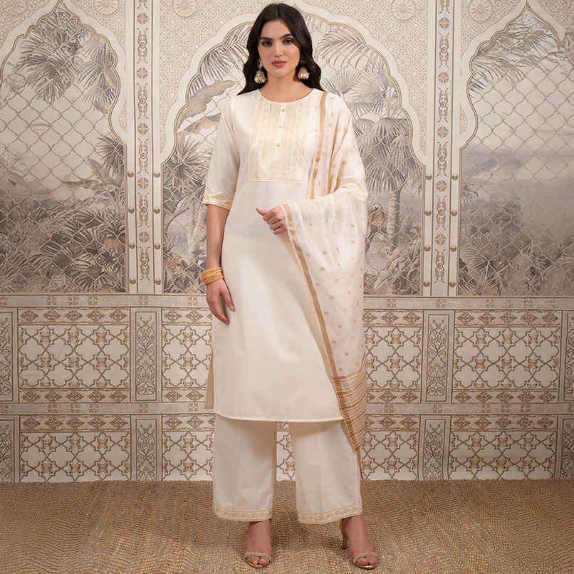 Vishudh Women's Foil Print Straight Kurta with Cropped Palazzo with Dupatta | PVK3000037 |Cream -XL Vishudh Women's Foil Print Straight Kurta with Cropped Palazzo with Dupatta | PVK3000037 |Cream -XL