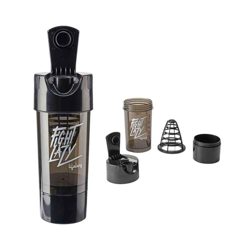 Lifelong Gym Shaker Bottle with Storage Compartment | Black | 500 ml Lifelong Gym Shaker Bottle with Storage Compartment | Black | 500 ml