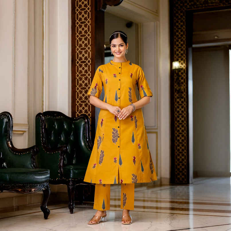 GoSriKi Women's Rayon Blend Straight Printed Kurta with Pant | BARKAT | Yellow - XL