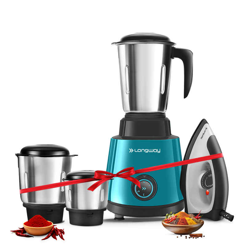 Longway Roto Max 500W Mixer Grinder + 1100W Dry Iron | 3 Jars | Powerful Motor | Teal & Black |Combo