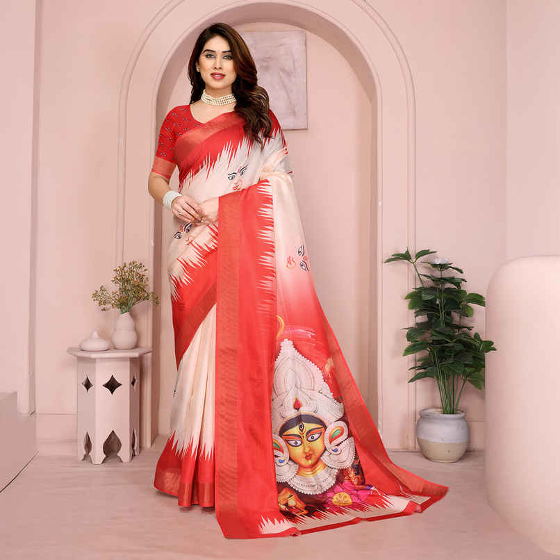 Hema Silk Mills Printed Durga Puja Silk Sarees Golden Zari Border | Un-Stitched Blouse|Multicolour Hema Silk Mills Printed Durga Puja Silk Sarees Golden Zari Border | Un-Stitched Blouse|Multicolour