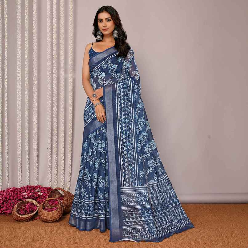 Janasya Women's Cotton Linen Floral Printed Saree with Blouse Piece | SAR444 | Navy Blue