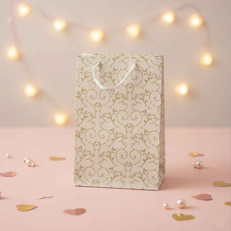Itsy Bitsy Gift Bags Floral Swirls Ivory Shimmer L33.5 x W21.5 x D9.2cm Gol