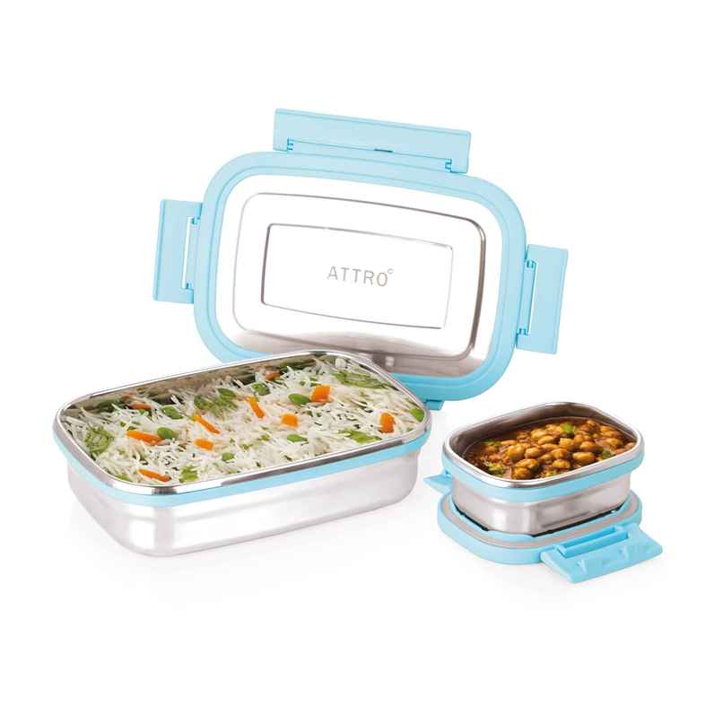 Attro Click Eat Junior Stainless Steel Lunch Box with 1 Small Box - 650 + 140 ml Sky Blue Attro Click Eat Junior Stainless Steel Lunch Box with 1 Small Box - 650 + 140 ml Sky Blue