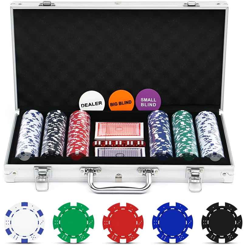 Toyshine Casino Style Poker Chips Set with Aluminum Finish Case, 2 Decks of Cards, 5 Dice, 1 Dealer Button - 300 Chip set Toyshine Casino Style Poker Chips Set with Aluminum Finish Case, 2 Decks of Cards, 5 Dice, 1 Dealer Button - 300 Chip set
