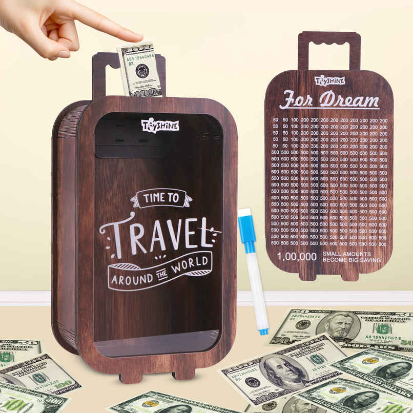 Toyshine Wooden Suitcase Piggy Bank with 1 Lakh Savings Challenge for Kids & Adults