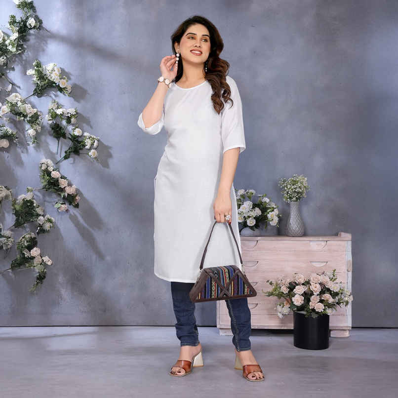 Riglozi White 3/4 Sleeves Cotton Made White Long Round Neck Regular wear Kurti for Women | M