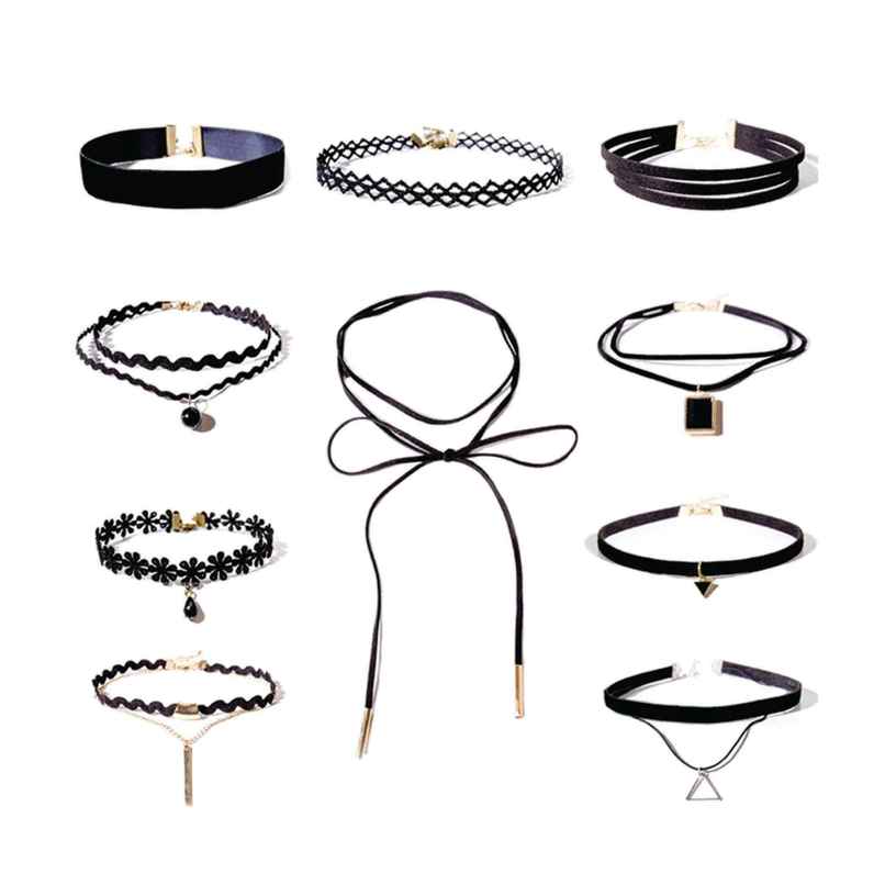 Shining Diva Fashion Set of 10 Stylish Black Fabric Lace Choker Necklace for Women and Girls Cmb272 Shining Diva Fashion Set of 10 Stylish Black Fabric Lace Choker Necklace for Women and Girls Cmb272