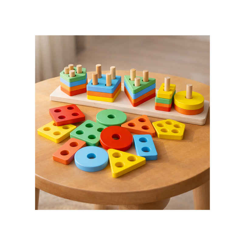 Toyshine Wooden Angle Geometric Blocks Stacker Shape Sorter Column Puzzle Stacking Set - 5 Column