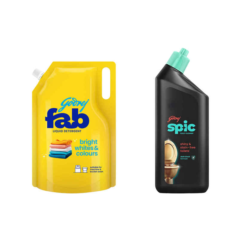 Godrej Fab Machine & Hand Wash Detergent Liquid Refill Pouch (800g) & Godrej Spic Disinfectant Toilet Cleaner (1L) Combo