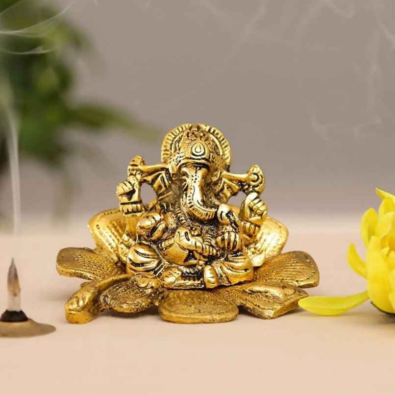 Ganesh Ji Idol with Laptop in Gold Polish | Devnidhi