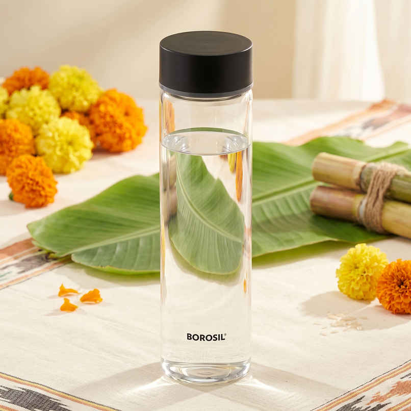 Borosil Borosilicate Glass Neo Water Bottle with Stainless Steel Lid | Silver | 550 ml