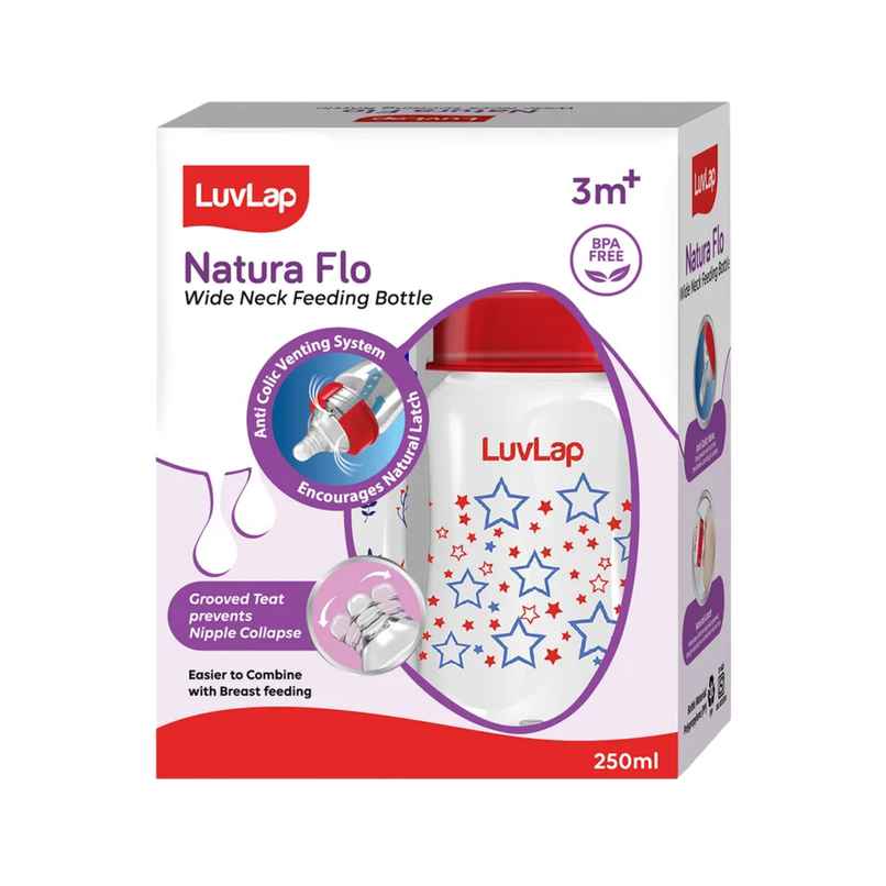 LuvLap Wide Neck Bottle with Anti-Colic Flexible Nipple, Fast Flow, Upto 3 Years, BPA Free