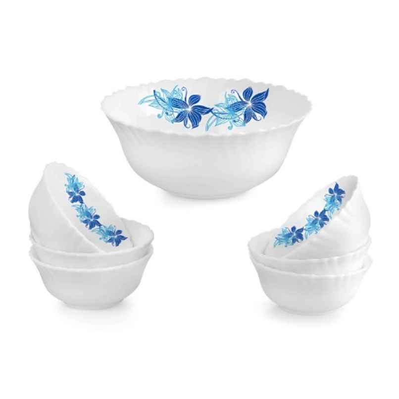 Cello Blue Swirl Dazzle Series Opalware Pudding Set Microwave & Dishwasher Safe Set Of 7 White
