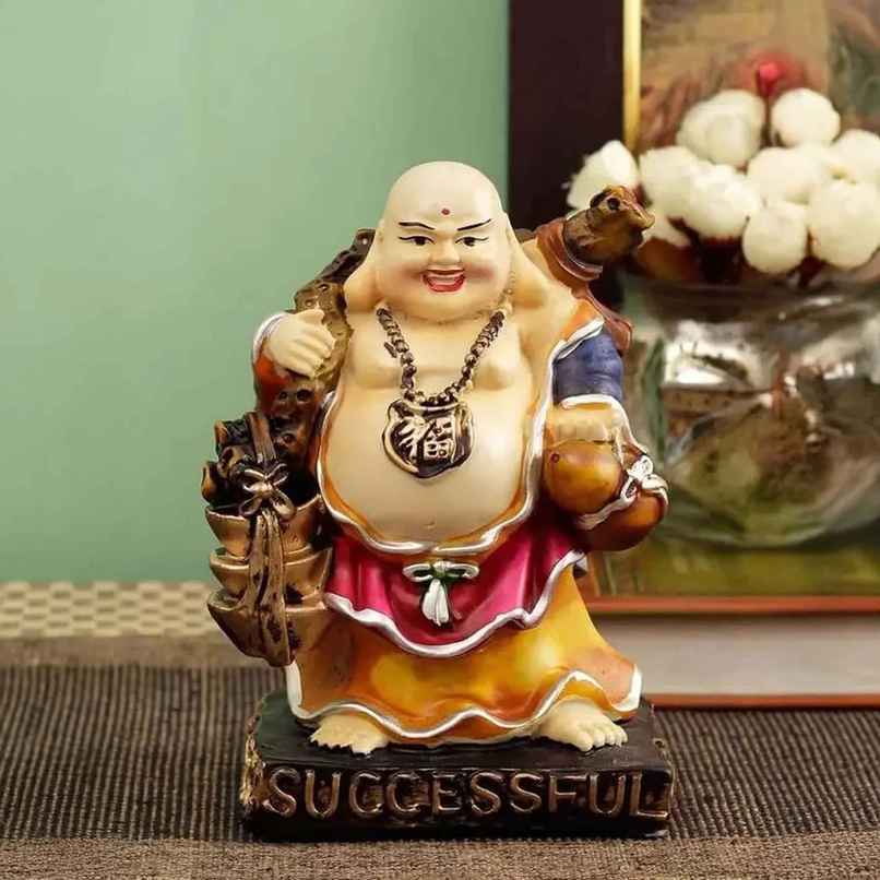 Tied Ribbons Laughing Buddha Statue Figurine Showpiece (18 Cm)