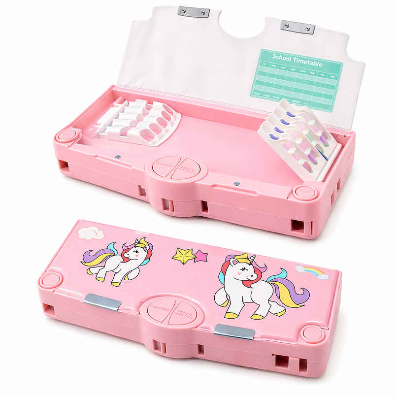 Toyshine Button Enabled Double Compartment Pencil Box - Storages - Sharpner For Kids - Unicorn Pink