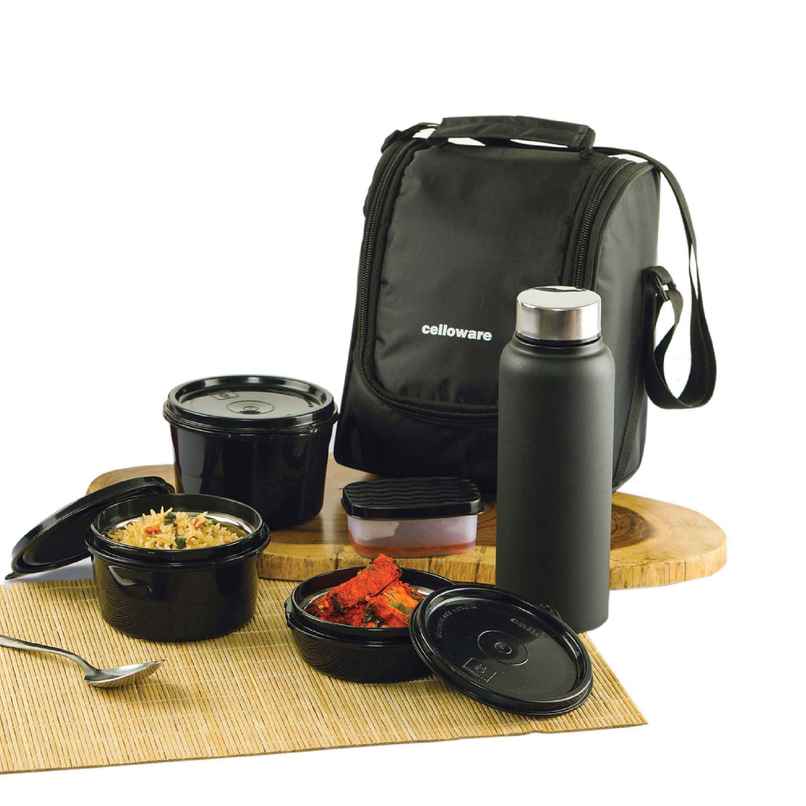 Cello MF All in One Lunch Box 5 with Bag, Black | 3 Containers Steel, 1 Pickle Box and 1 Bottle Cello MF All in One Lunch Box 5 with Bag, Black | 3 Containers Steel, 1 Pickle Box and 1 Bottle