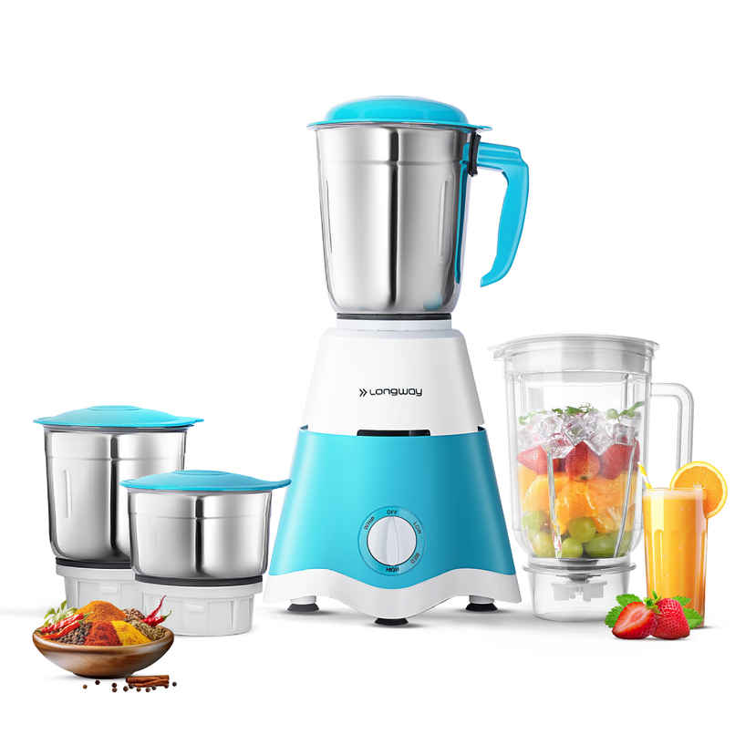 Super Dlx Up to 750W Max Output Juicer Mixer Grinder | 2 Years Warranty | 4 Jars | Blue & White