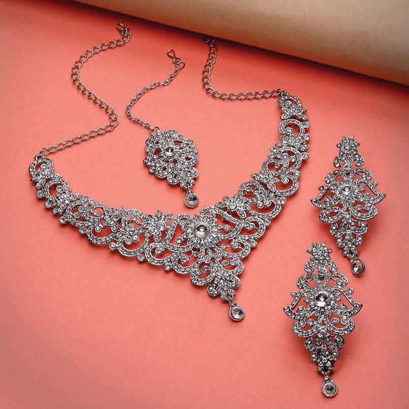 Sukkhi High-Fashion Rhodium Plated Silver Stone Studded Floral Choker Necklace Set Sukkhi High-Fashion Rhodium Plated Silver Stone Studded Floral Choker Necklace Set