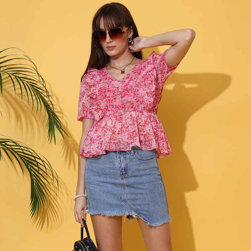 Sheetal Women's Floral Print Peplum Top | 5216 | Pink - L