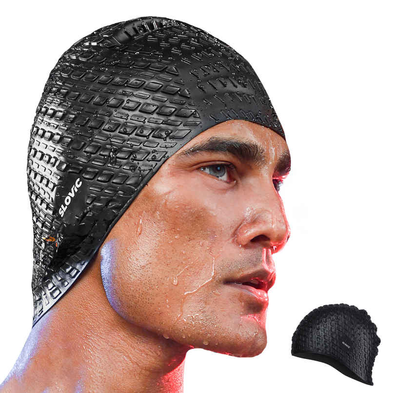 Slovic Embossed Swimming Cap - Stretchable Silicone for Men & Women - Skin Friendly - Free Size | Black