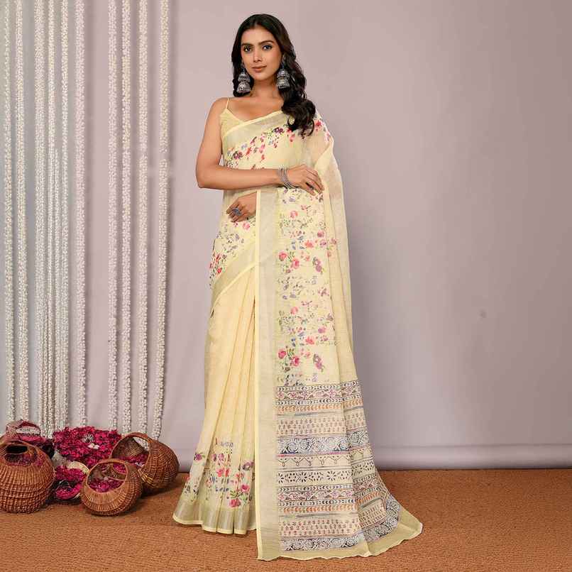 Janasya Women's Cotton Linen Floral Printed Saree with Blouse Piece | SAR449 | Light Yellow