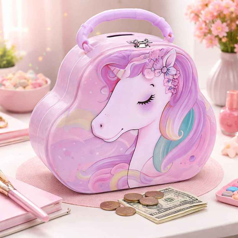 Toyshine Unicorn Metal Piggy Bank Lock and Key Kids Savings Box | Purple