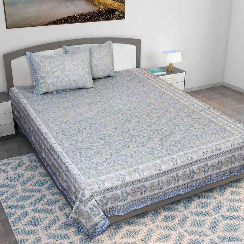 BAY6 King Size 100% Cotton Floral Design Bedsheet | Traditional Blue | 104 x 88 in