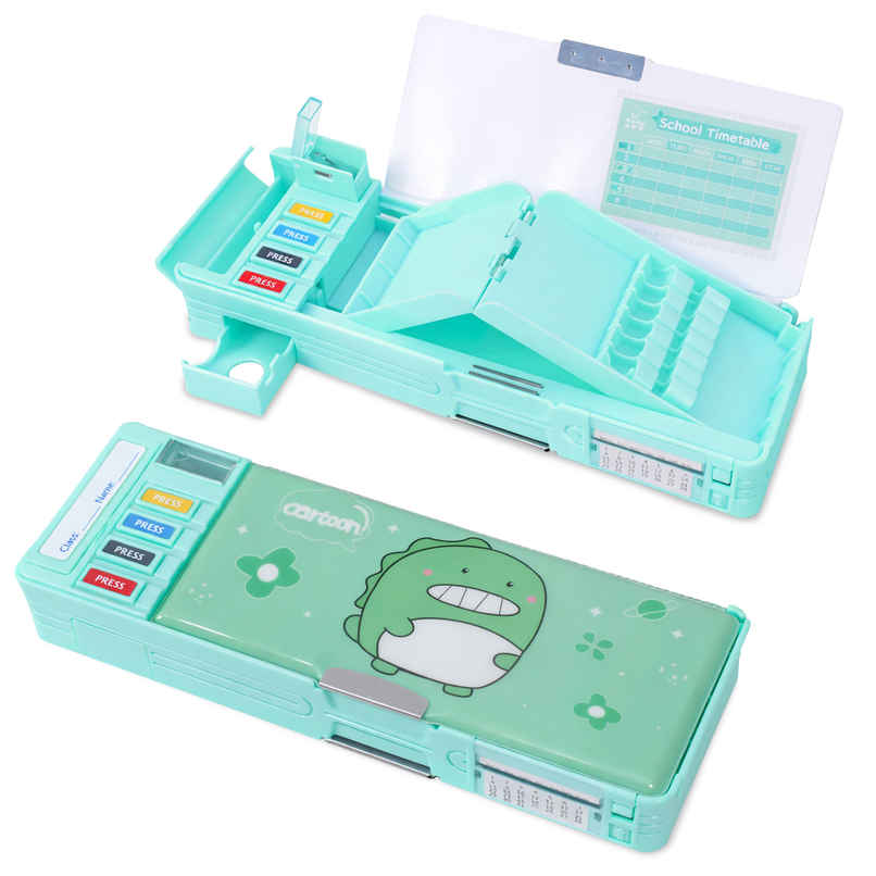 Toyshine Dinosaur Button Operated Pencil Box with Sharpener & Pen Stand | Green Toyshine Dinosaur Button Operated Pencil Box with Sharpener & Pen Stand | Green