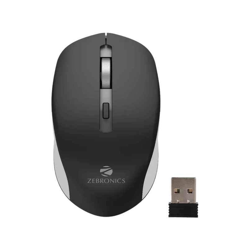 Zebronics Zeb-Jaguar Wireless Mouse, 2.4GHz with USB Nano Receiver, 4 Buttons, Plug & Play, Ambidextrous, for PC/Mac/Laptop - Black+Grey