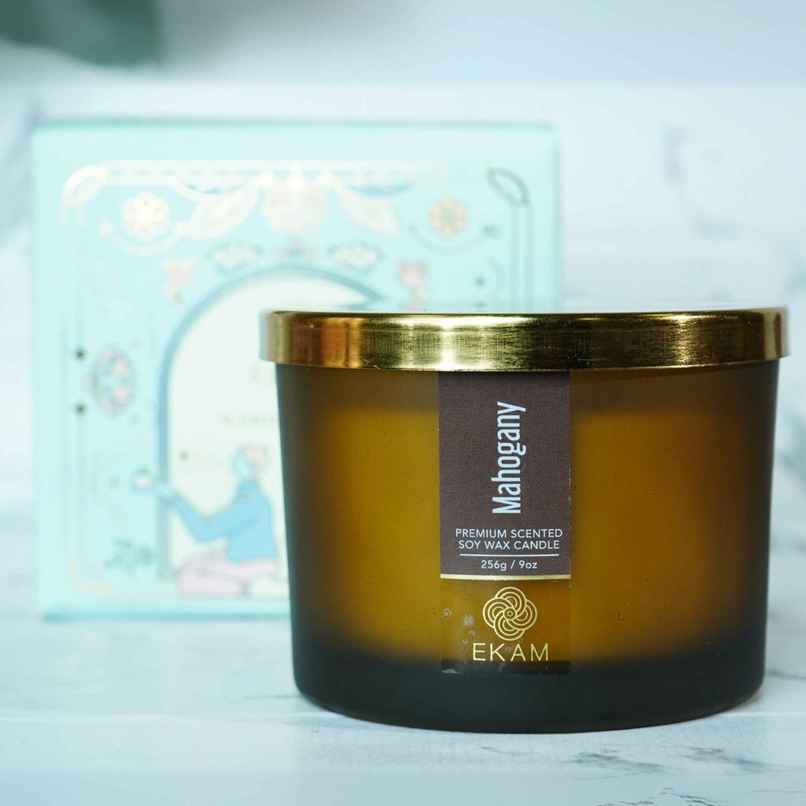 Ekam Mahogany Scented 3 Wick Soy Candle | Home Decor Ekam Mahogany Scented 3 Wick Soy Candle | Home Decor