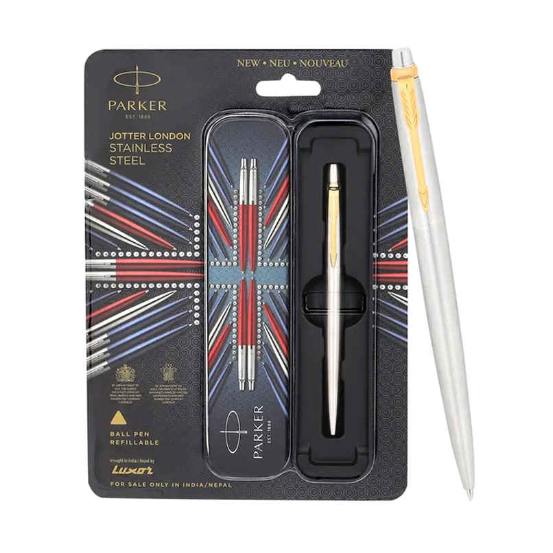 Parker Jotter Stainless Steel Ball Pen Gold Trim (Blue Ink)