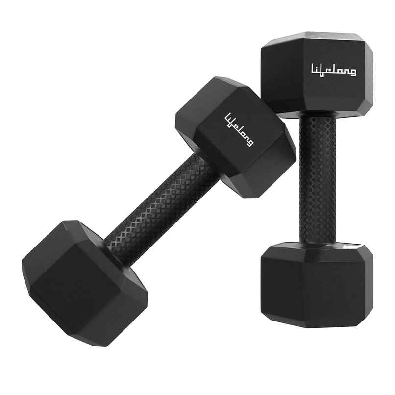 Lifelong Hex PVC Dumbbell Set (1 kg X 2) | Black | Home Gym | Home Workout | Fitness Barbell