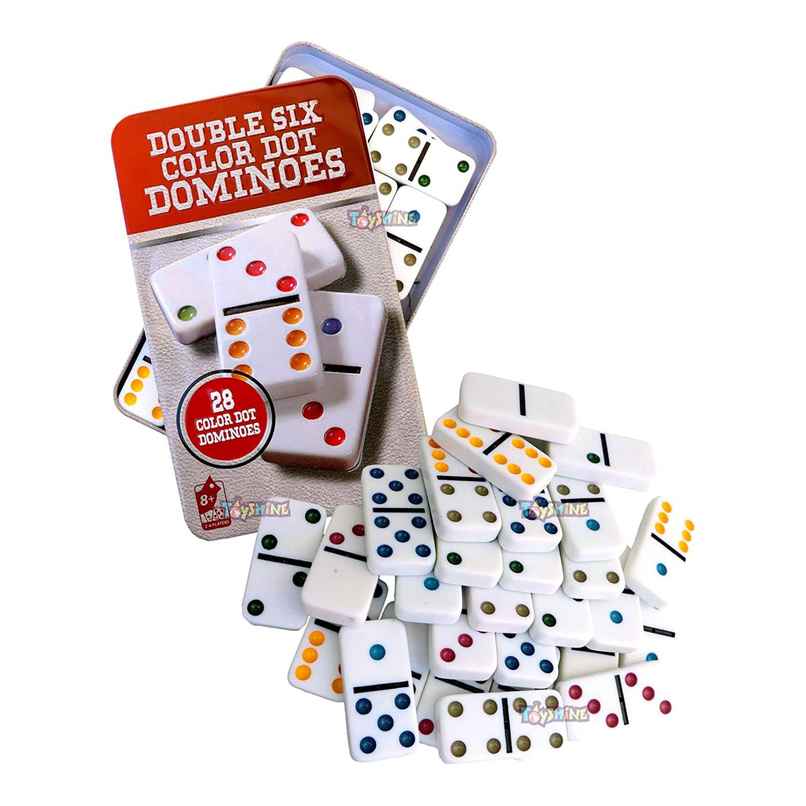 Toyshine Double 6 Color Dot Dominoes Game Set, Classic 28 Pieces In Tin Case, Match Game For Kid